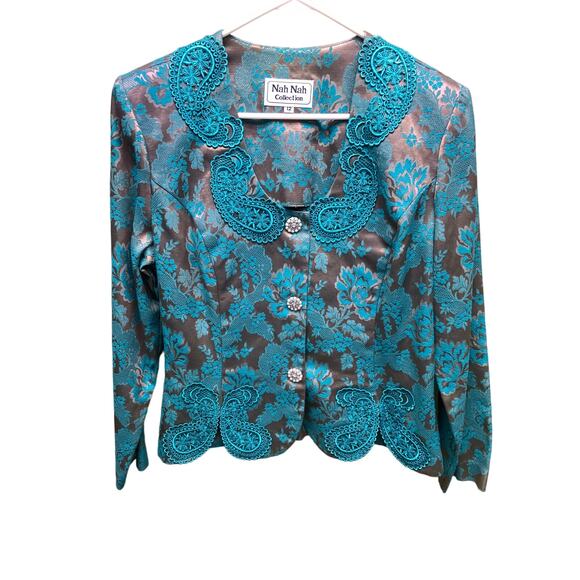 Vintage Nah Nah Collection Blue Embroidered Blazer Jacket Beaded Button Size 12 - Picture 1 of 8